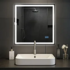 CLP Badspiegel Jaffrey mit Beleuchtung, Bluetooth-Lautsprecher, Anti-Beschlag, Wandspiegel Quer- und Hochformat, LED dimmbar, 3 Licht-Modi