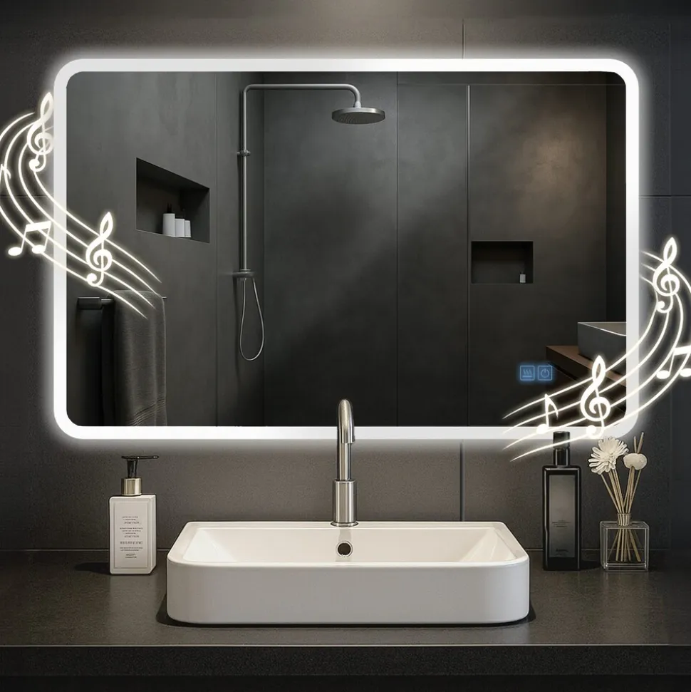 CLP Badspiegel Jericho mit Beleuchtung, Bluetooth-Lautsprecher, Anti-Beschlag Badezimmerspiegel, Wandspiegel LED dimmbar, 3 Licht-Modi