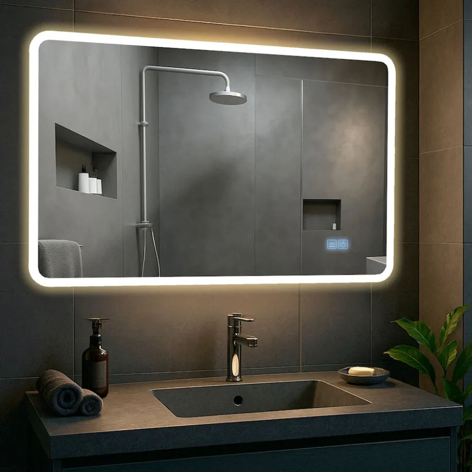 CLP Badspiegel Jericho mit Beleuchtung, Bluetooth-Lautsprecher, Anti-Beschlag Badezimmerspiegel, Wandspiegel LED dimmbar, 3 Licht-Modi
