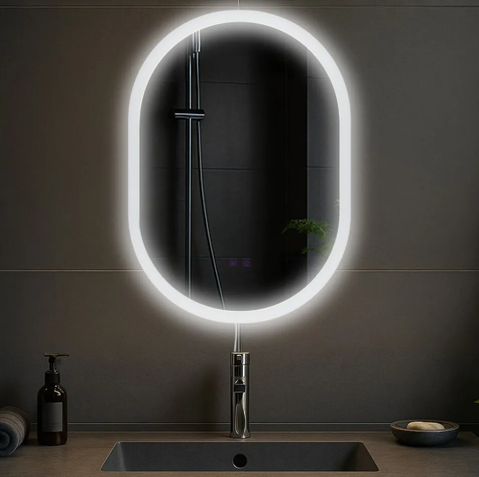 CLP Badspiegel Karishma mit Beleuchtung 70x50 cm, Anti-Beschlag Badezimmerspiegel, Wandspiegel dimmbar, 3 Licht-Modi, mit und ohne Bluetooth