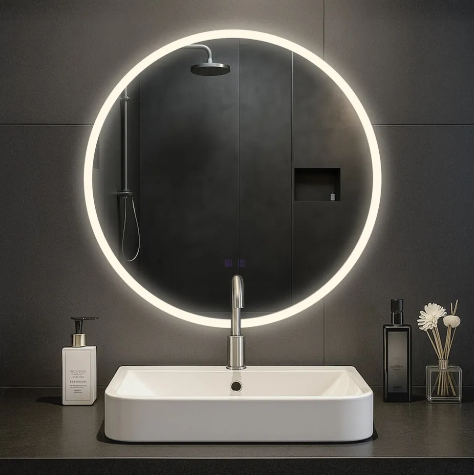 CLP Badspiegel Laconia mit Beleuchtung, Bluetooth-Lautsprecher, Anti-Beschlag Badezimmerspiegel, runder Wandspiegel LED dimmbar, 3 Licht-Modi