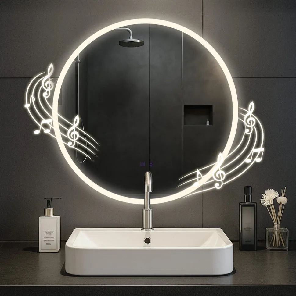 CLP Badspiegel Laconia mit Beleuchtung, Bluetooth-Lautsprecher, Anti-Beschlag Badezimmerspiegel, runder Wandspiegel LED dimmbar, 3 Licht-Modi