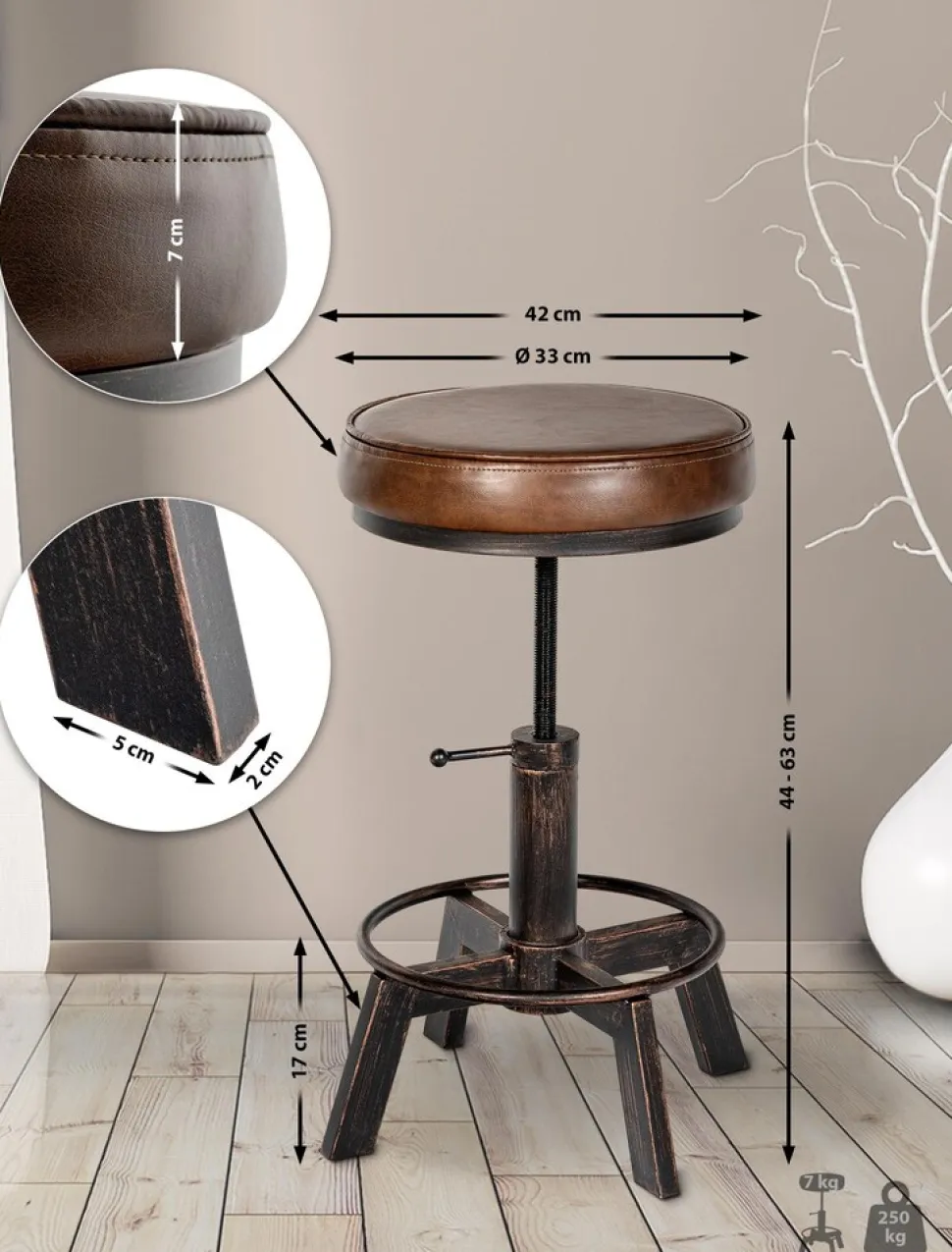 CLP 2er Set Sitzhocker Destin mit Kunstlederbezug I Hocker im Industrial Design I gepolstert und höhenverstellbar