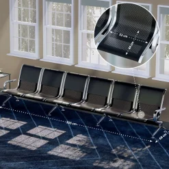 CLP 6er Wartebank Airport mit Kunstlederbezug, Sitzbank für 6 Personen mit Metallgestell in Chrom-Optik, mit Rückenlehne