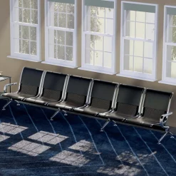 CLP 6er Wartebank Airport mit Kunstlederbezug, Sitzbank für 6 Personen mit Metallgestell in Chrom-Optik, mit Rückenlehne