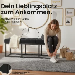CLP Sitzbank Polson, modern, schwarzes Metallgestell, gestepptes Samt, Bodenschoner, für Wohnzimmer, Flur oder Schlafzimmer