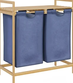 CLP Wäschebox für Schmutzwäsche 2 Fächer Sussina, Wäscheregal Holz mit Ablage, Wäscheboxen mit Bambusrahmen für Badezimmer