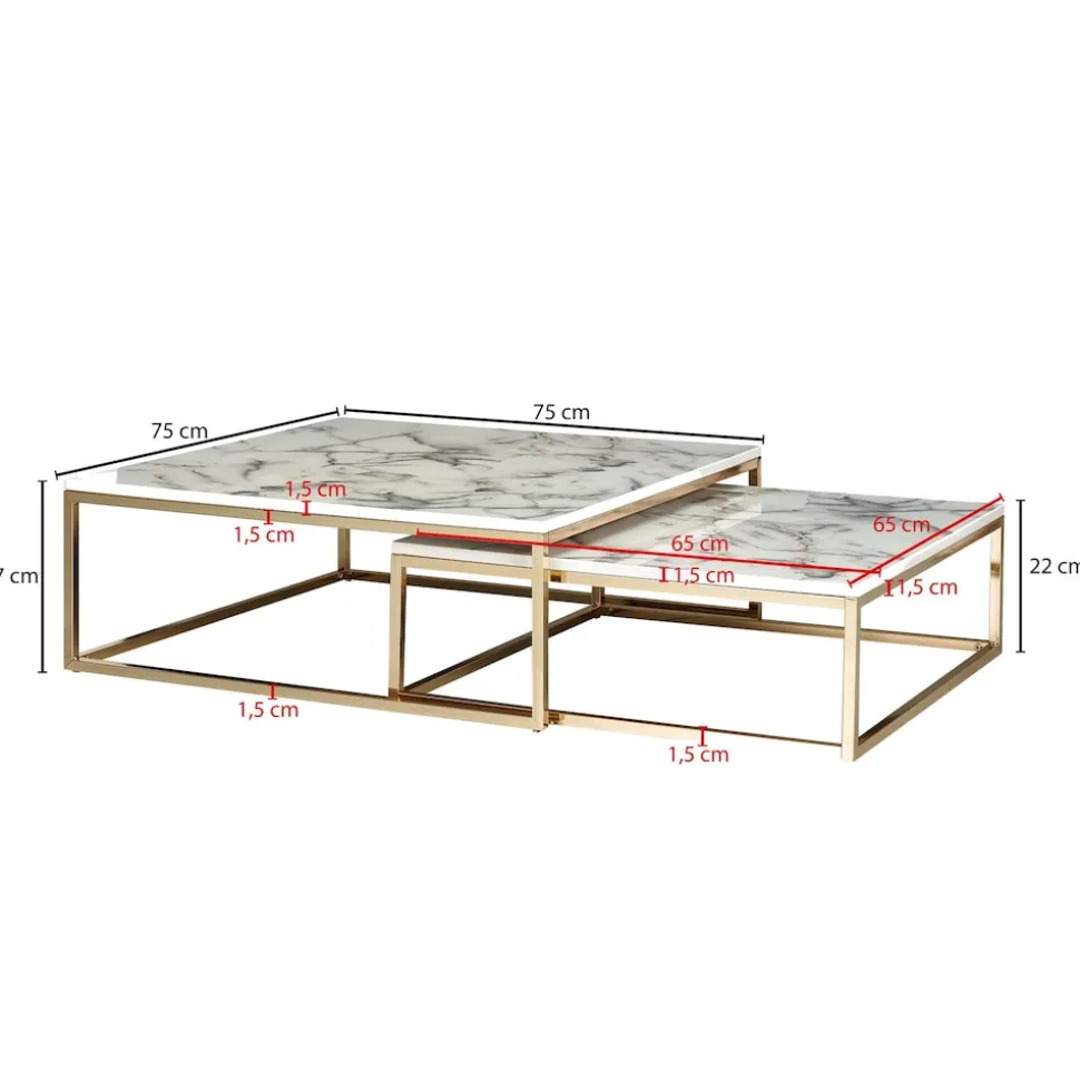 Couchtisch 2er Set FineBuy Satztisch Weiß Marmor Optik Modern Metallgestell