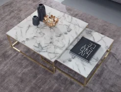 Couchtisch 2er Set FineBuy Satztisch Weiß Marmor Optik Modern Metallgestell
