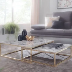 Couchtisch 2er Set FineBuy Satztisch Weiß Marmor Optik Modern Metallgestell