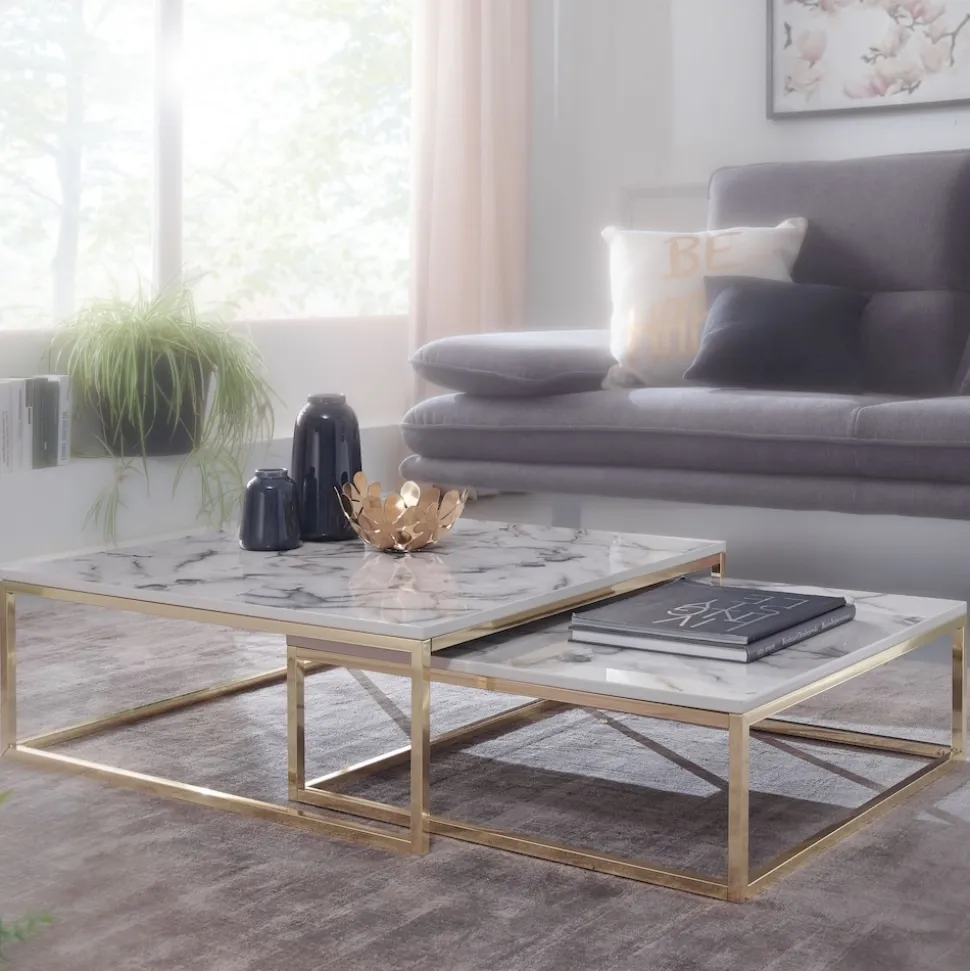 Couchtisch 2er Set FineBuy Satztisch Weiß Marmor Optik Modern Metallgestell