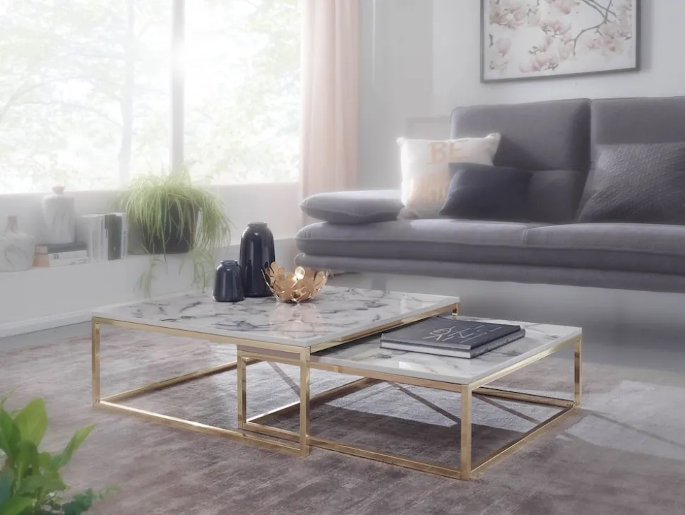 Couchtisch 2er Set FineBuy Satztisch Weiß Marmor Optik Modern Metallgestell