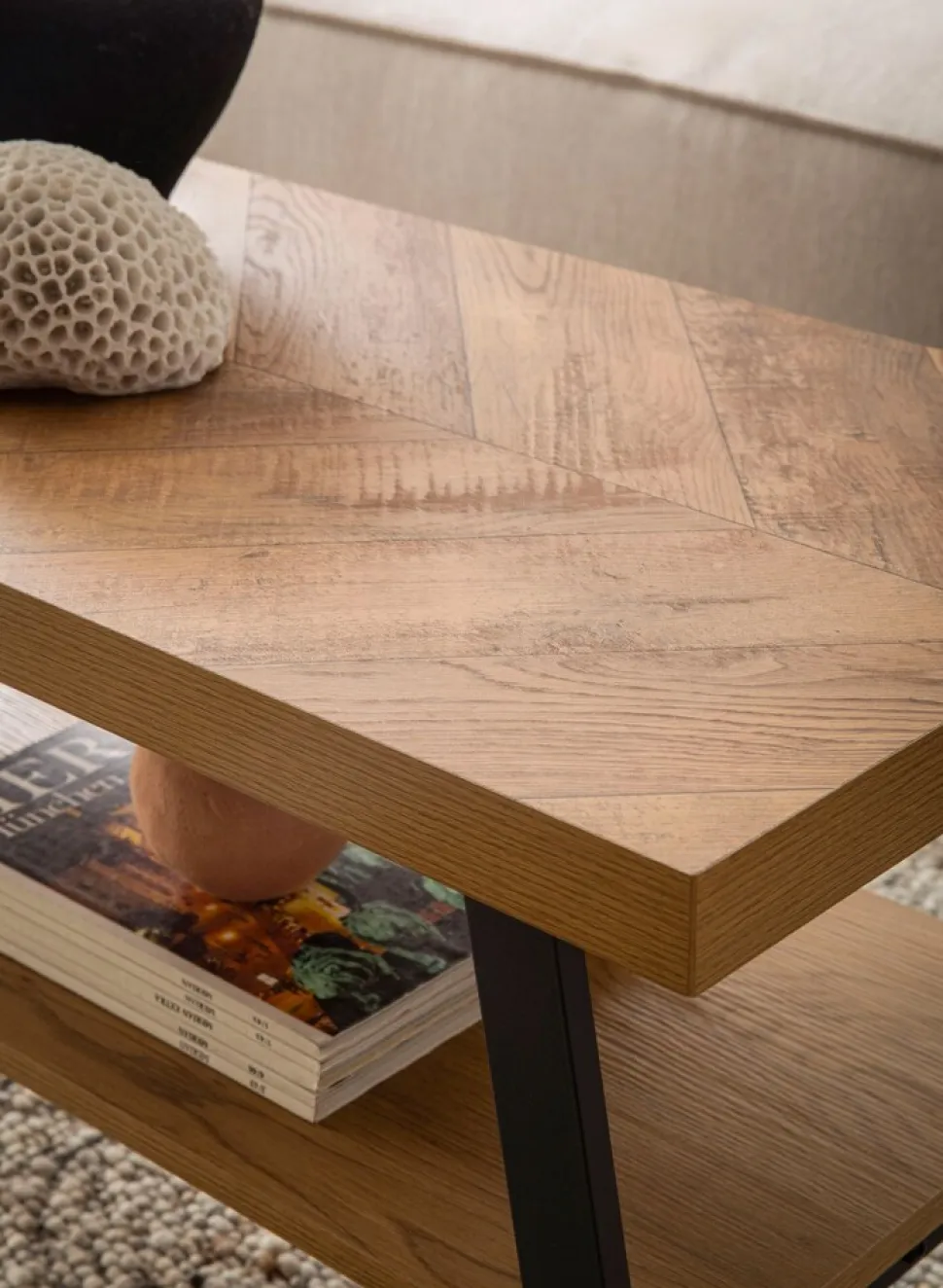 Couchtisch FineBuy Sofatisch 100 cm Braun Fischgrät Wohnzimmertisch Ablage