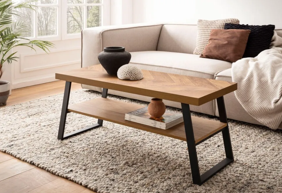 Couchtisch FineBuy Sofatisch 100 cm Braun Fischgrät Wohnzimmertisch Ablage