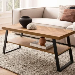 Couchtisch FineBuy Sofatisch 100 cm Braun Fischgrät Wohnzimmertisch Ablage