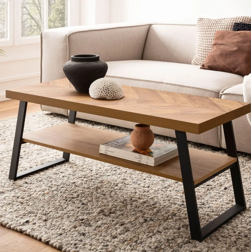 Couchtisch FineBuy Sofatisch 100 cm Braun Fischgrät Wohnzimmertisch Ablage