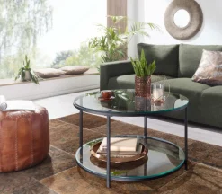 Couchtisch FineBuy Sofatisch Glas Wohnzimmertisch Ø 80 cm Rund Tisch Stauraum