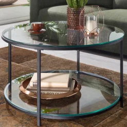 Couchtisch FineBuy Sofatisch Glas Wohnzimmertisch Ø 80 cm Rund Tisch Stauraum