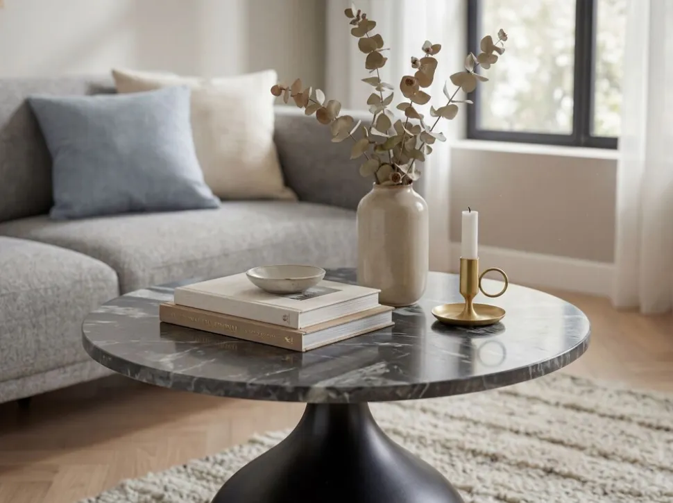 Couchtisch mit Marmor Platte schwarz Wohnzimmertisch Sofatisch Metall rund 60cm