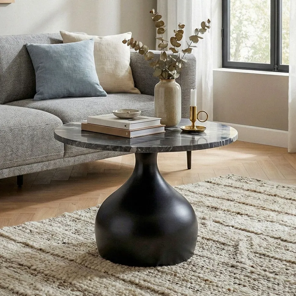 Couchtisch mit Marmor Platte schwarz Wohnzimmertisch Sofatisch Metall rund 60cm