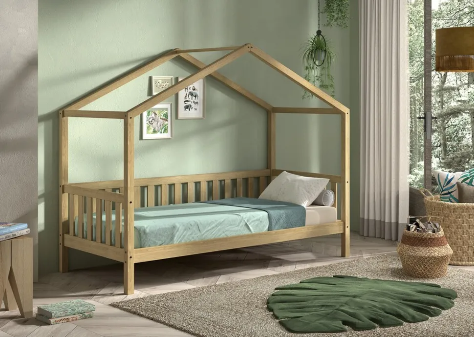 Dallas 1 Hausbett mit seitlicher Umrandung 90 x 200 cm Liegefläche, Eiche Natur