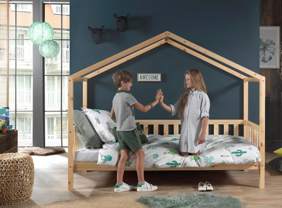 Dallas 1 Hausbett mit seitlicher Umrandung 90 x 200 cm Liegefläche, Natur