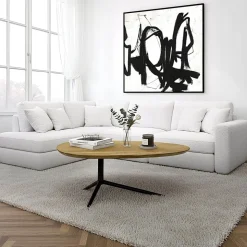 Design Couchtisch Akazie Massivholz 87cm oval Wohnzimmertisch Metallgestell