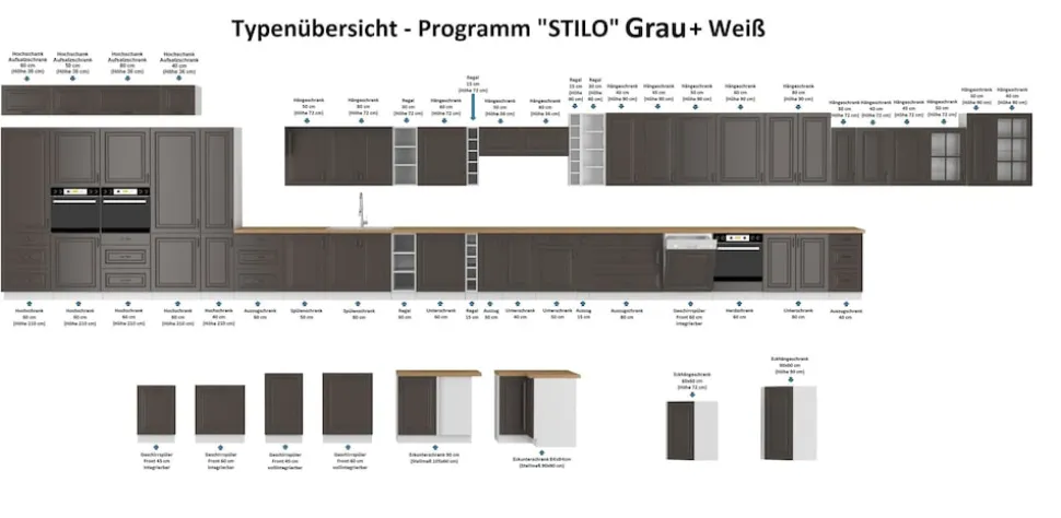 Eckunterschrank 90x90 cm Stilo Grau Küchenzeile Küchenblock Küche Landhaus