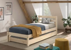 Einzelbett Pino 90x200 cm, mit Lattenrost, inkl. Bettschublade, natur lackiert