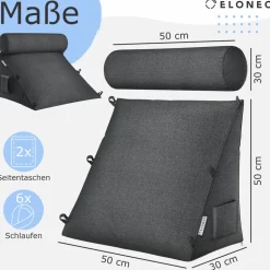 ELONEO Rückenkissen Anthrazit 50 cm breit mit Verstellbarer und Abnehmbarer Nackenrolle, Keilkissen für Bett und Sofa geeignet, dreieckiges Lesekissen, Kissen mit waschbarem Bezug, praktisches Seitenfach
