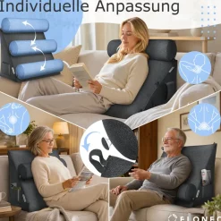 ELONEO Rückenkissen Anthrazit 50 cm breit mit Verstellbarer und Abnehmbarer Nackenrolle, Keilkissen für Bett und Sofa geeignet, dreieckiges Lesekissen, Kissen mit waschbarem Bezug, praktisches Seitenfach