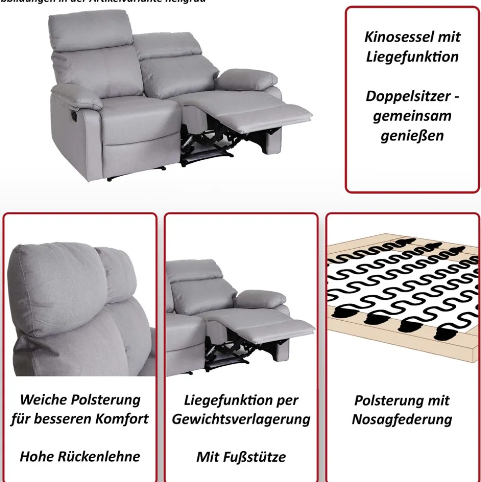 2er Kinosessel MCW-L93, Relaxsessel Fernsehsessel Sofa, Armlehne Liegefunktion Nosagfederung Stoff/Textil ~ grau-braun