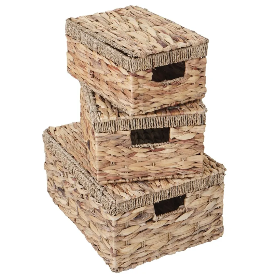 3er Set Aufbewahrungsbox MCW-C23, Truhe Kiste Box mit Deckel, Wasserhyazinthe naturfarben