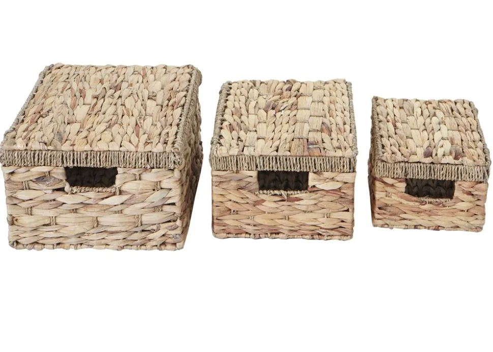 3er Set Aufbewahrungsbox MCW-C23, Truhe Kiste Box mit Deckel, Wasserhyazinthe naturfarben