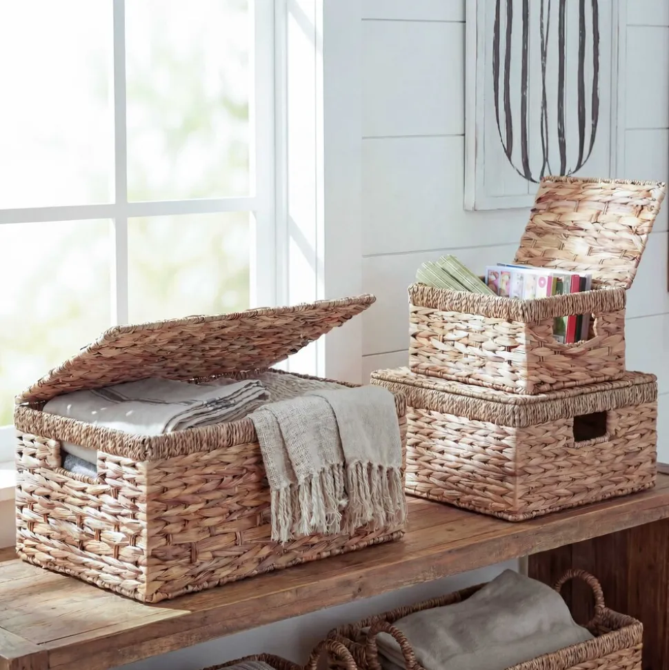 3er Set Aufbewahrungsbox MCW-C23, Truhe Kiste Box mit Deckel, Wasserhyazinthe naturfarben
