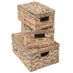 3er Set Aufbewahrungsbox MCW-C23, Truhe Kiste Box mit Deckel, Wasserhyazinthe naturfarben