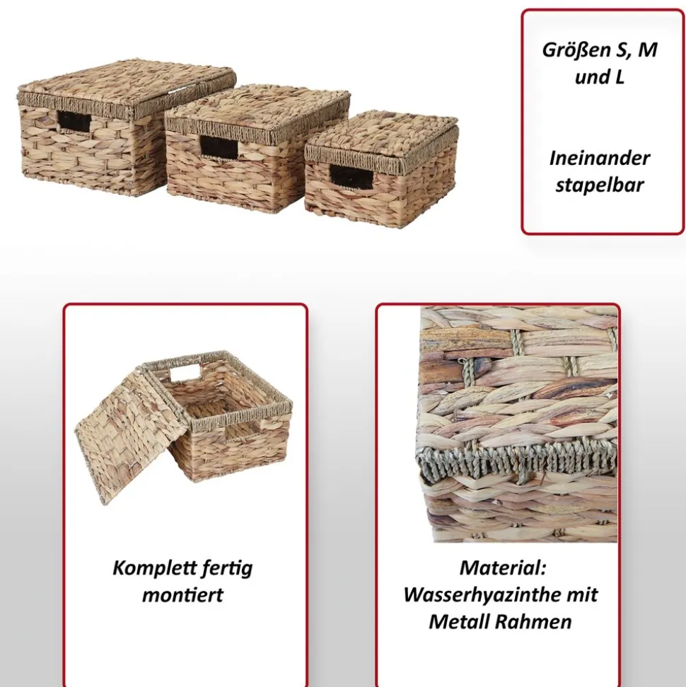 3er Set Aufbewahrungsbox MCW-C23, Truhe Kiste Box mit Deckel, Wasserhyazinthe naturfarben