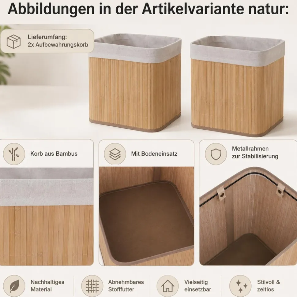 2er-Set Aufbewahrungskorb MCW-C21, Korb Aufbewahrungsbox Ordnungs-/Sortierbox Regalkorb, Bambus 33x33x23cm ~ natur
