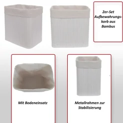 2er-Set Aufbewahrungskorb MCW-C21, Korb Aufbewahrungsbox Ordnungsbox Sortierbox Regalkorb, Bambus 33x33x23cm ~ weiß