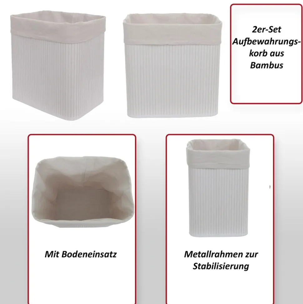 2er-Set Aufbewahrungskorb MCW-C21, Korb Aufbewahrungsbox Ordnungsbox Sortierbox Regalkorb, Bambus 33x33x23cm ~ weiß