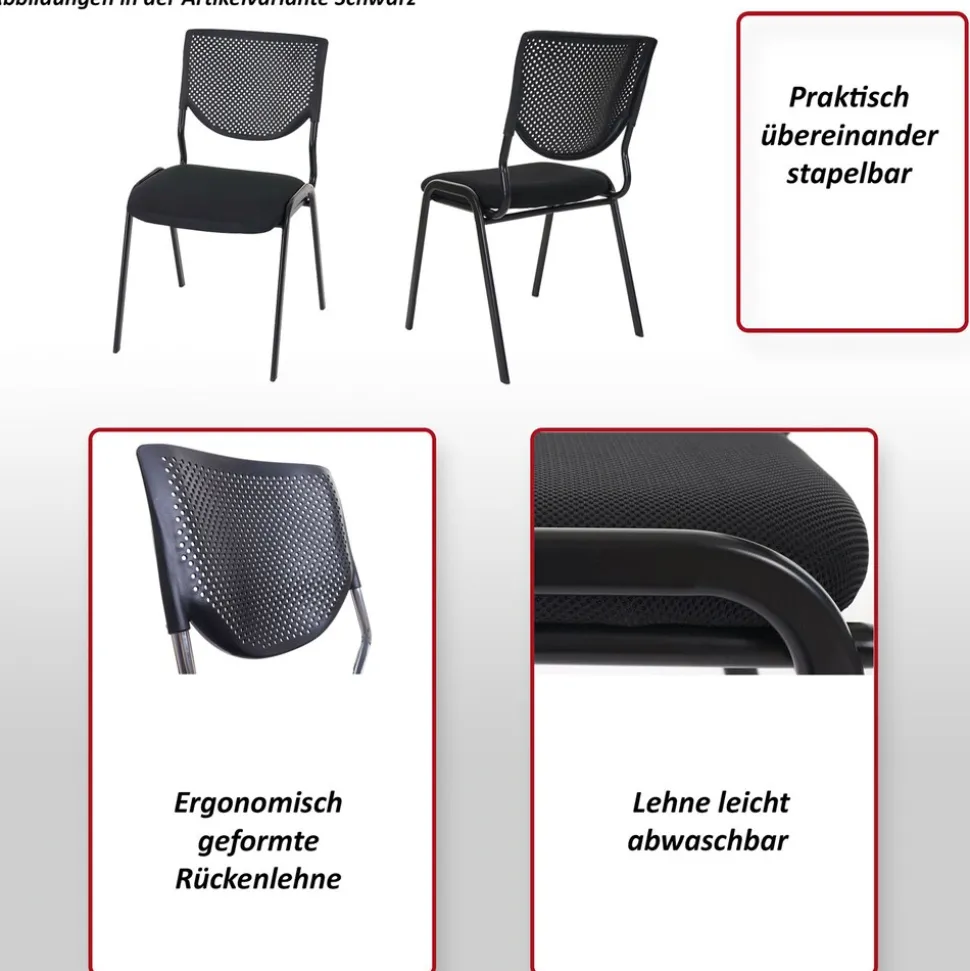 4er-Set Besucherstuhl H401, Konferenzstuhl stapelbar, Stoff/Textil ~ Sitz schwarz, Füße chrom