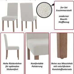 2er-Set Esszimmerstuhl Littau, Stuhl Küchenstuhl Hochlehner, Stoff/Textil Bouclé Holz ~ creme, naturfarbene Beine