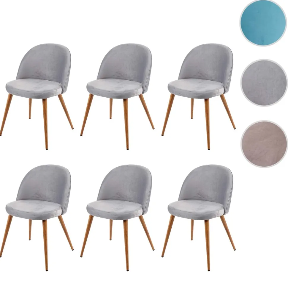 6er-Set Esszimmerstuhl MCW-D53, Stuhl Küchenstuhl, Retro 50er Jahre Design Samt ~ hellgrau