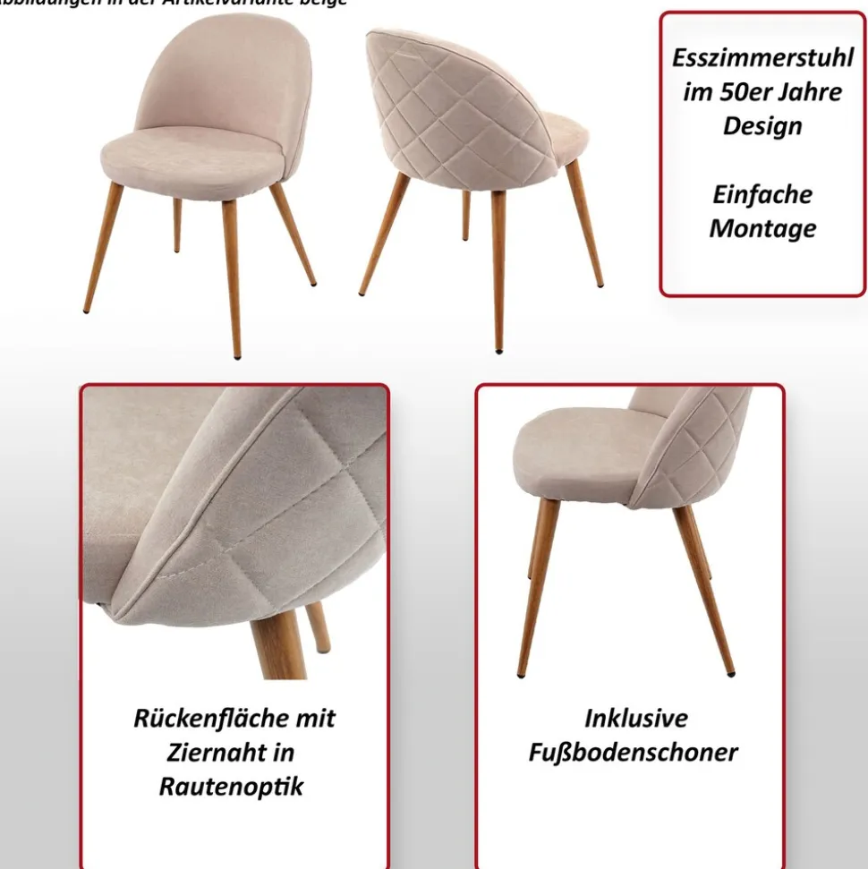 6er-Set Esszimmerstuhl MCW-D53, Stuhl Küchenstuhl, Retro 50er Jahre Design Samt ~ hellgrau