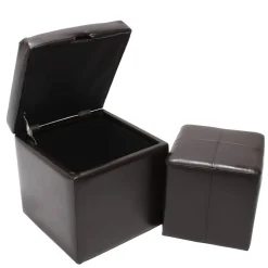 2er Set Hocker Sitzwürfel Sitzhocker Aufbewahrungsbox Carrara, Leder + Kunstleder, 45x44x44cm MVG-zertifiziert ~ braun