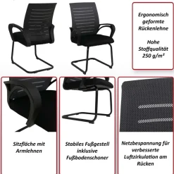 2er-Set Konferenzstuhl MCW-K51, Besucherstuhl Freischwinger, Stoff/Textil (250g/m²) MVG ~ rot, Gestell schwarz