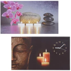 2er-Set LED-Bild, Leuchtbild Leinwandbild Wandbild, Timer Buddha/Harmony Wanduhr 70x40cm