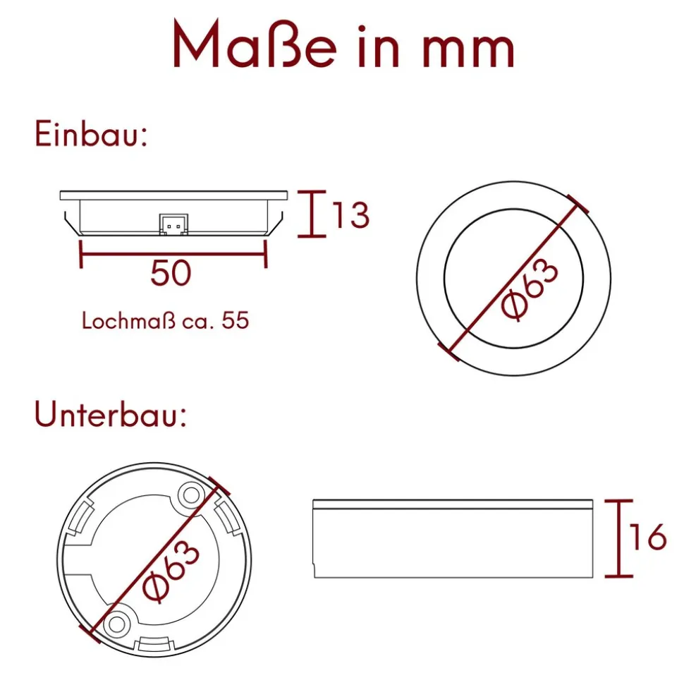 3er Set LED Einbauspot Unterbauspot Edelstahl gebürstet 12VDC 3 Watt Warmweiß 6,3 cm Ø Einbaustrahler für Möbel inkl. Aufsatzring
