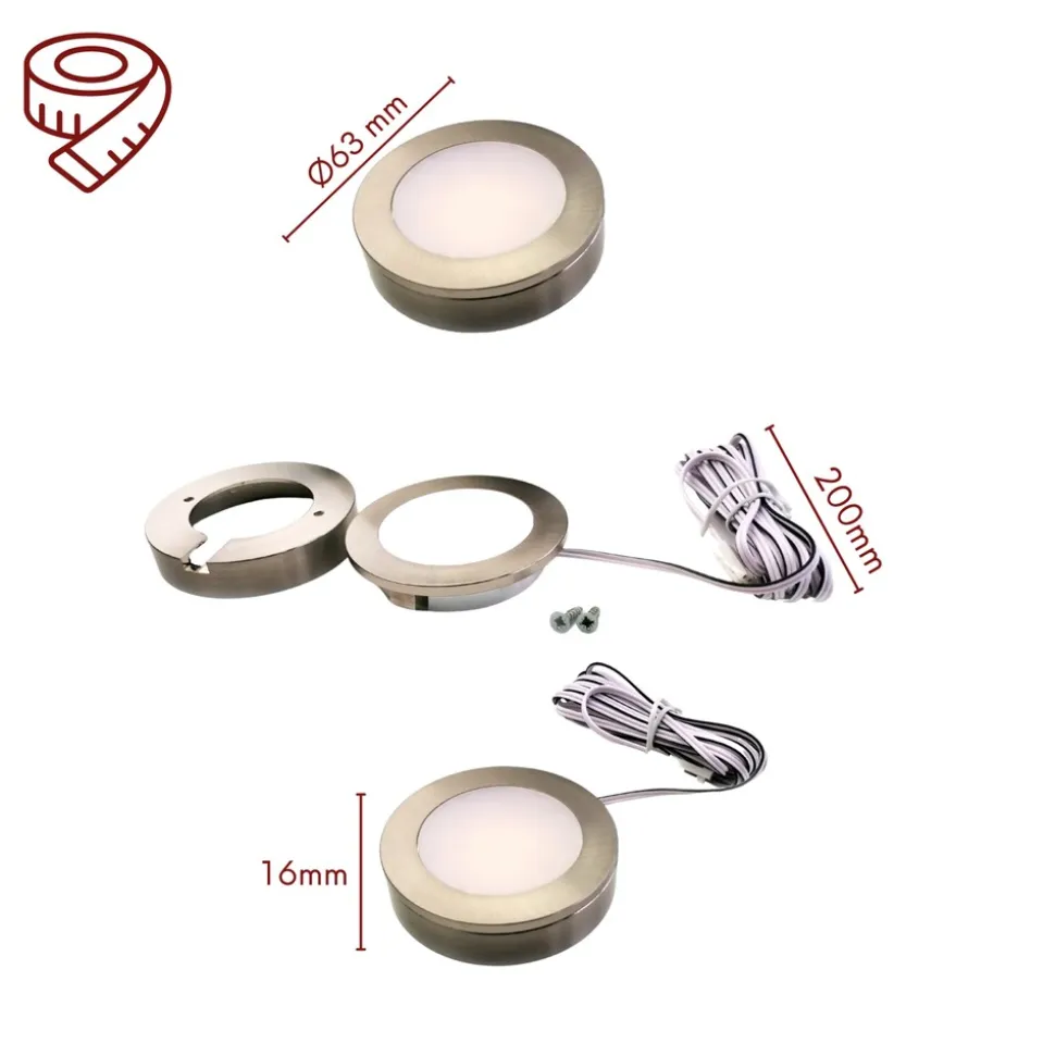 3er Set LED Einbauspot Unterbauspot Edelstahl gebürstet 12VDC 3 Watt Warmweiß 6,3 cm Ø Einbaustrahler für Möbel inkl. Aufsatzring