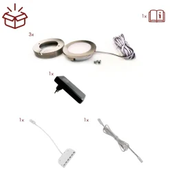 3er Set LED Einbauspot Unterbauspot Edelstahl gebürstet 12VDC 3 Watt Warmweiß 6,3 cm Ø Einbaustrahler für Möbel inkl. Aufsatzring
